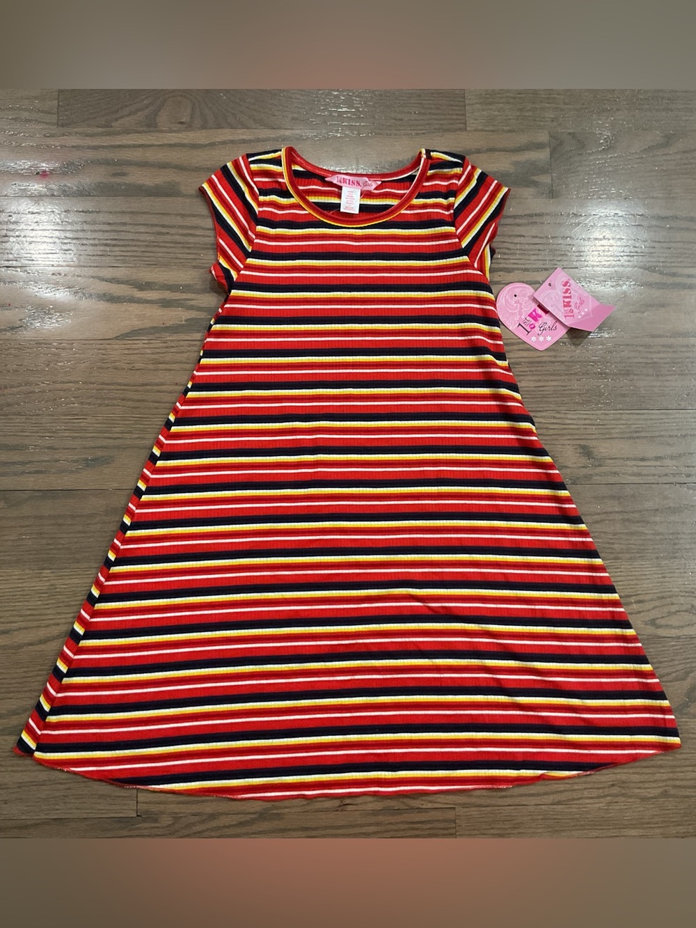 First Kiss Girls Red Multi-Striped Dress Size 7/8 NWT